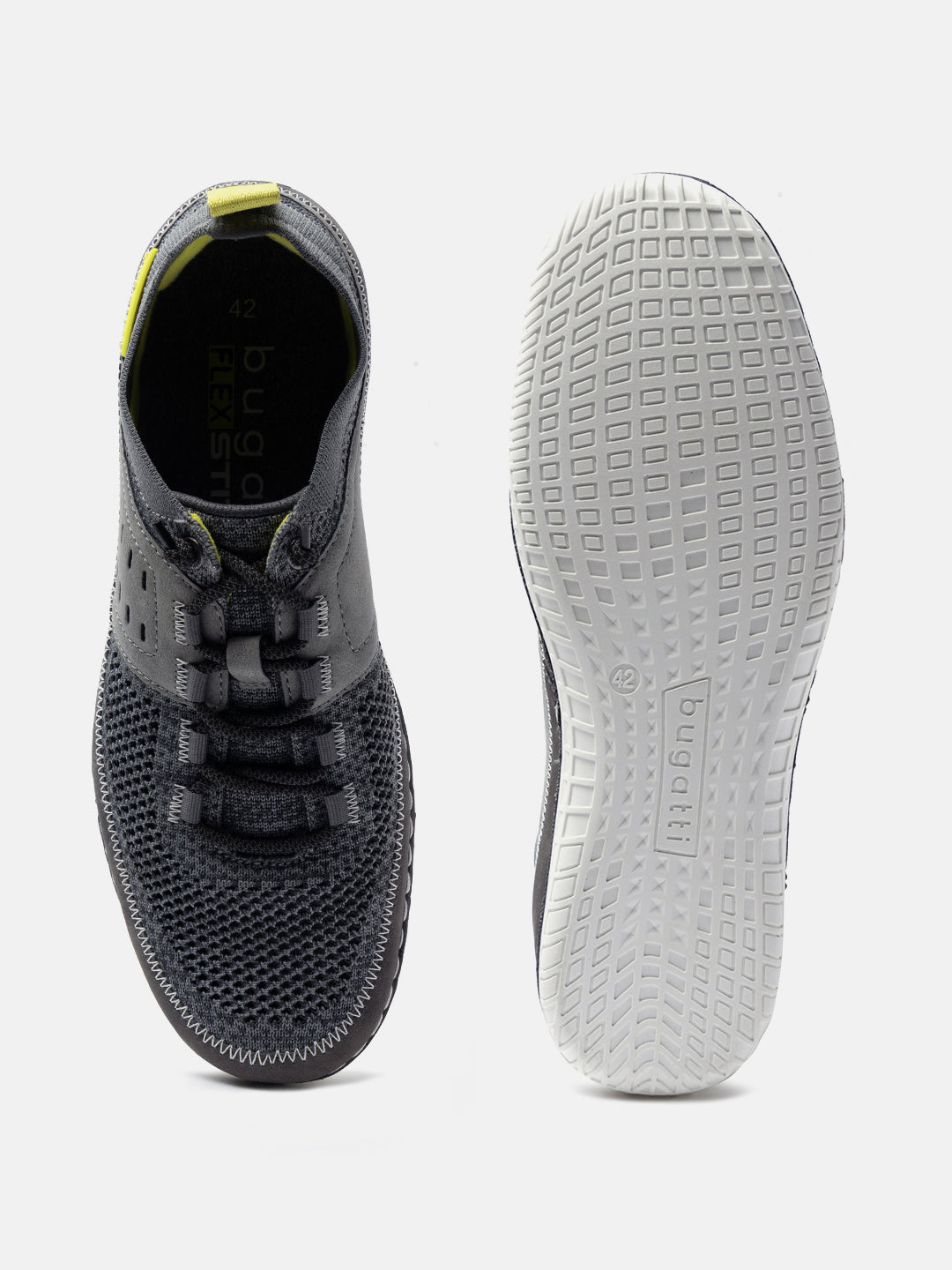 Grey comfort low-top sneakers by bugatti showing a textured upper and patterned sole.