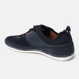 Dark blue comfort low top sneakers by bugatti with white stitching details along the sole.