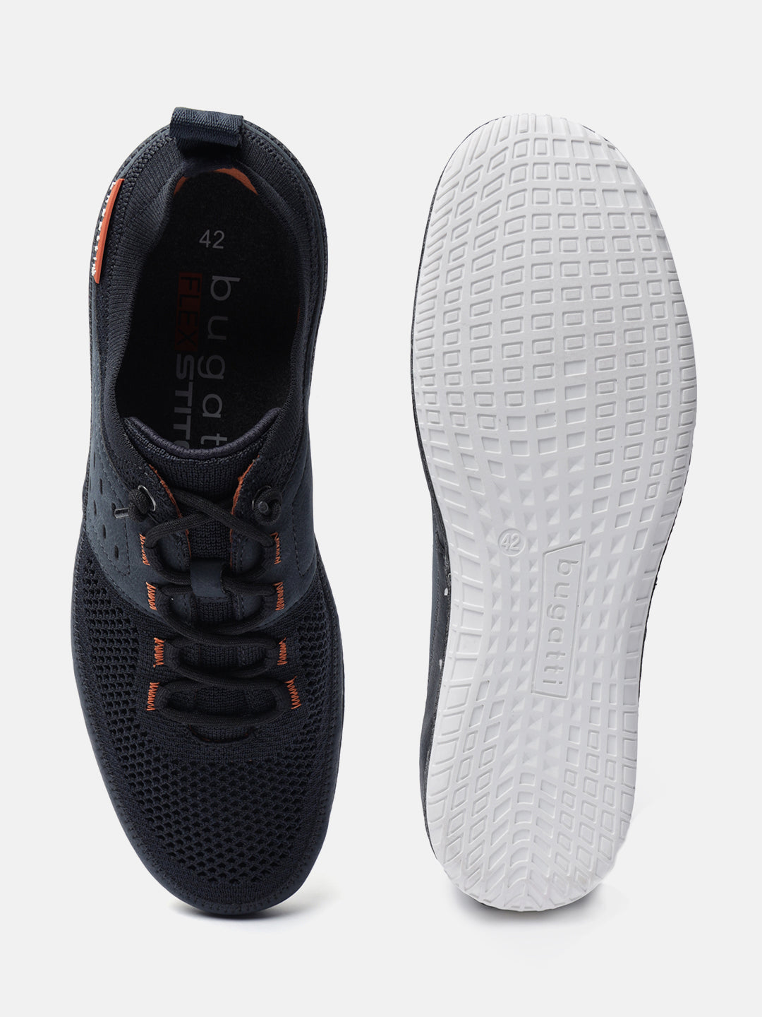 Dark blue Bimini low-top sneakers by bugatti with orange accents and a white textured sole.