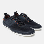 Dark blue comfort low-top sneakers by bugatti featuring a mesh upper and decorative orange stitching.