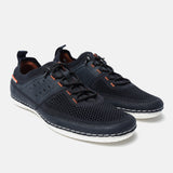 Dark blue comfort low-top sneakers by bugatti featuring a mesh upper and decorative orange stitching.
