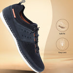 Dark blue low top sneaker by bugatti, shown in a three-quarters view, with orange accent stitching.