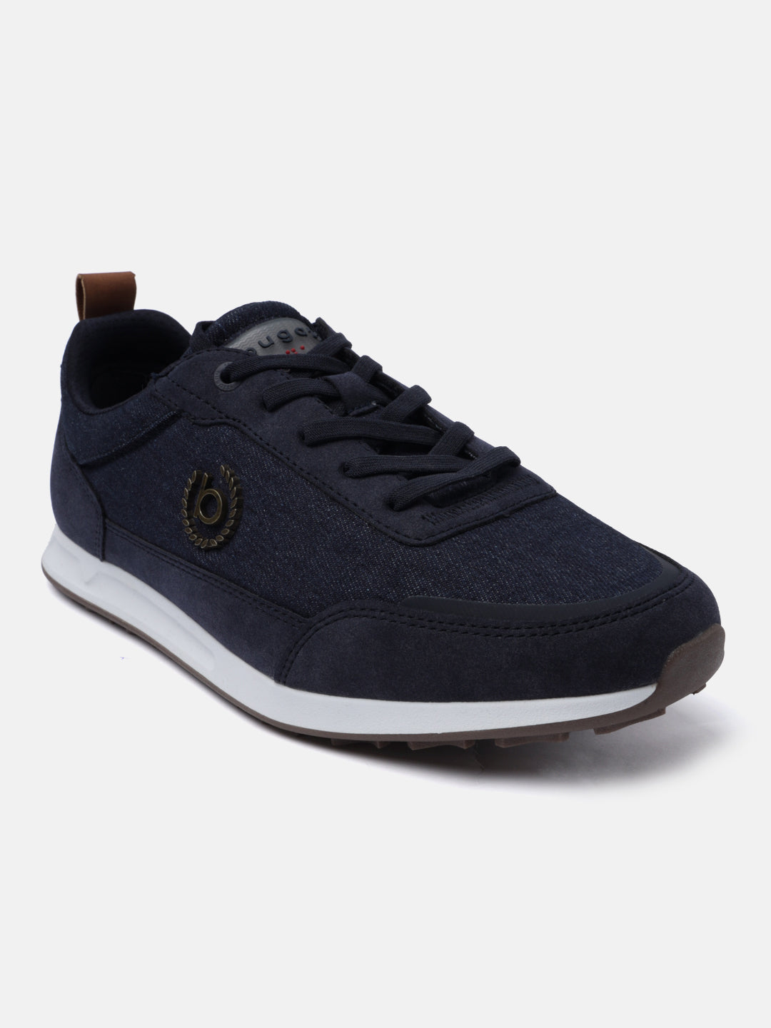 Dark blue denim sneaker by bugatti with brown accents at the heel and sole, and an emblem on the side.