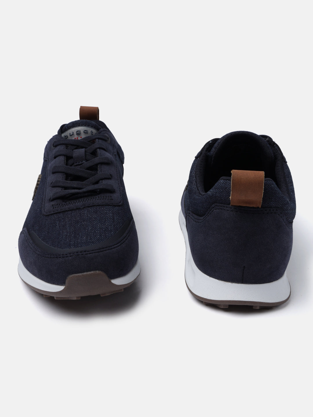 Dark blue denim sneakers by bugatti, with brown leather heel and tongue pulls, and a white and brown sole.