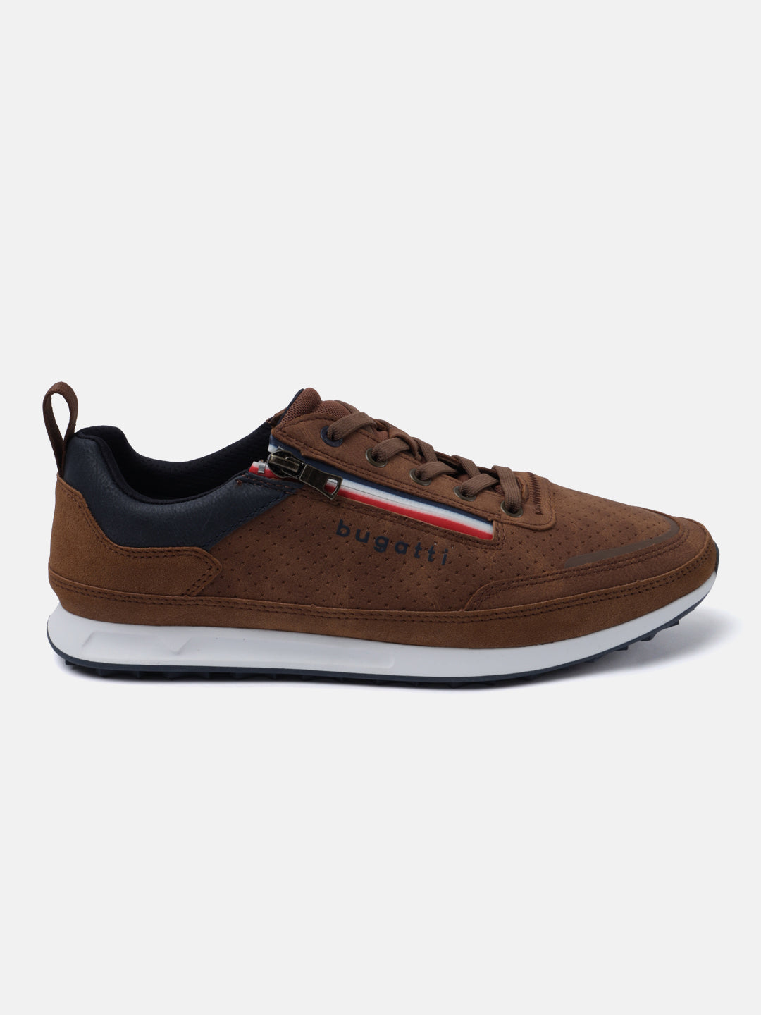 Brown comfort sneaker by bugatti with a small zipper detail, laces, and a white midsole.