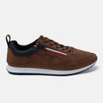 Brown comfort sneaker by bugatti with a small zipper detail, laces, and a white midsole.