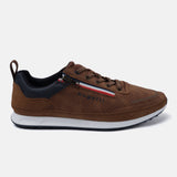 Brown comfort sneaker by bugatti with a small zipper detail, laces, and a white midsole.