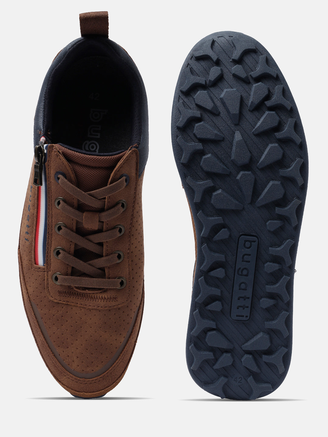 Cognac comfort mid-top sneakers by bugatti, showing the perforated upper and patterned blue outsole.