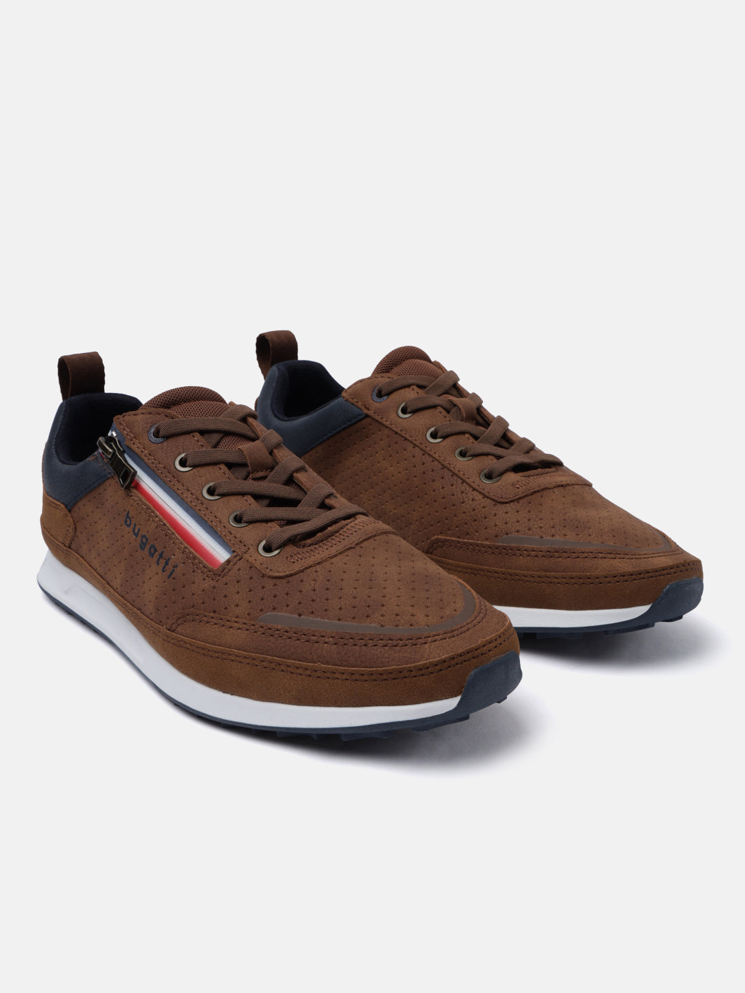 Cognac sneakers by Bugatti with lace-up closure, side zipper detail, and contrast soles.
