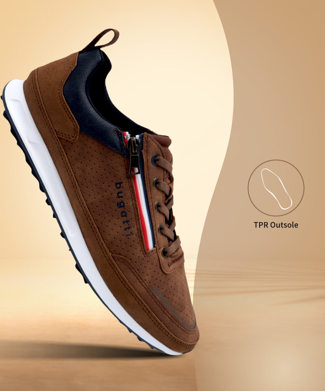 Side view of a brown bugatti sneaker with a white sole, zipper, and striped accent.

