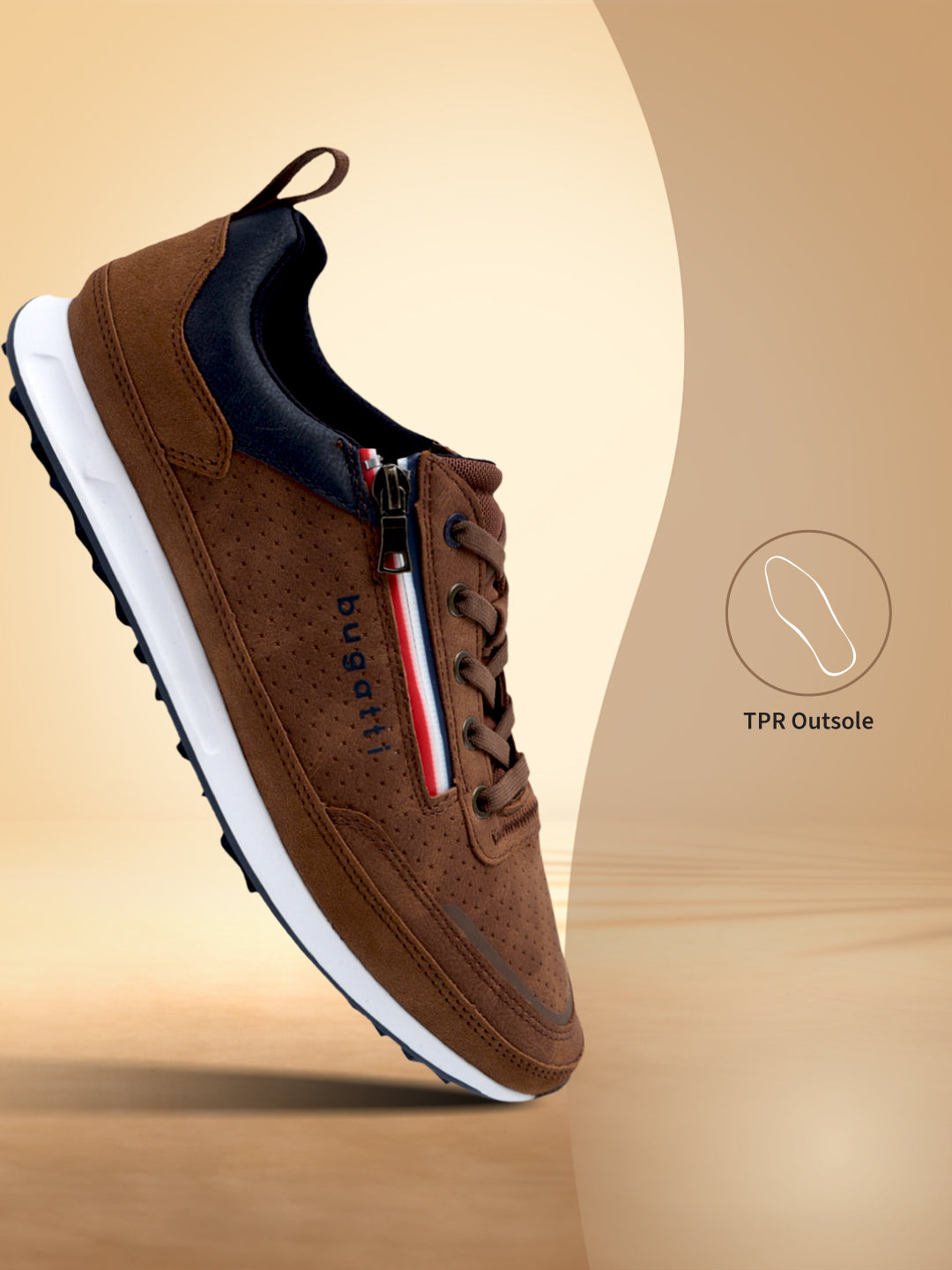 Side view of a brown bugatti sneaker with a white sole, zipper, and striped accent.
