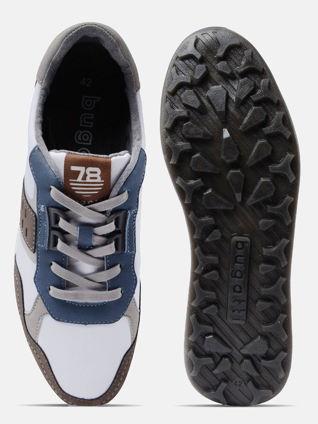 Multicolor sneakers by bugatti with gray shoelaces, brown accents, and textured black soles.