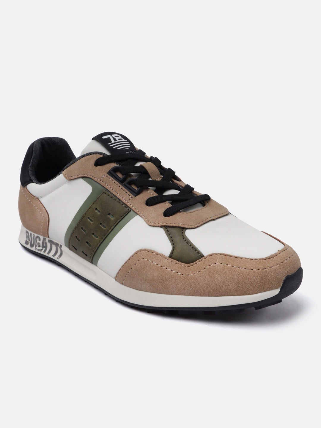 Beige sneakers by Bugatti, with white and olive green accents, and black laces.