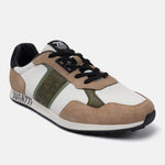 Beige sneakers by Bugatti, with white and olive green accents, and black laces.