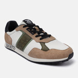Beige sneakers by Bugatti, with white and olive green accents, and black laces.