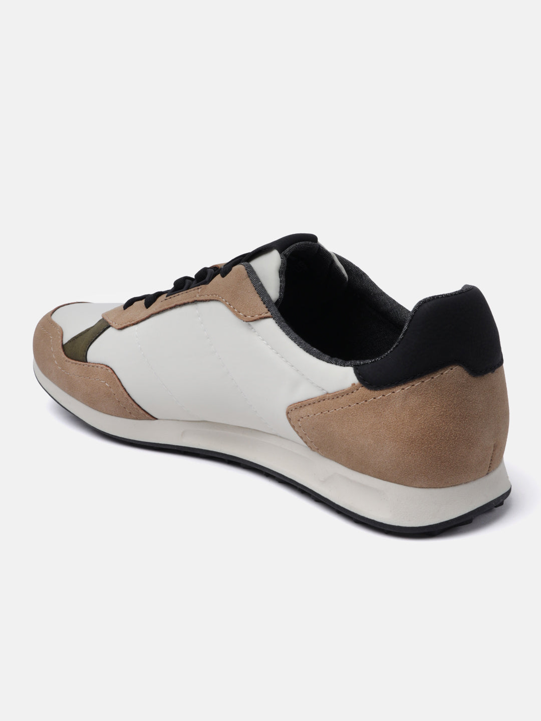 Beige comfort sneakers by bugatti with black and tan accents, shown from the back at an angle.