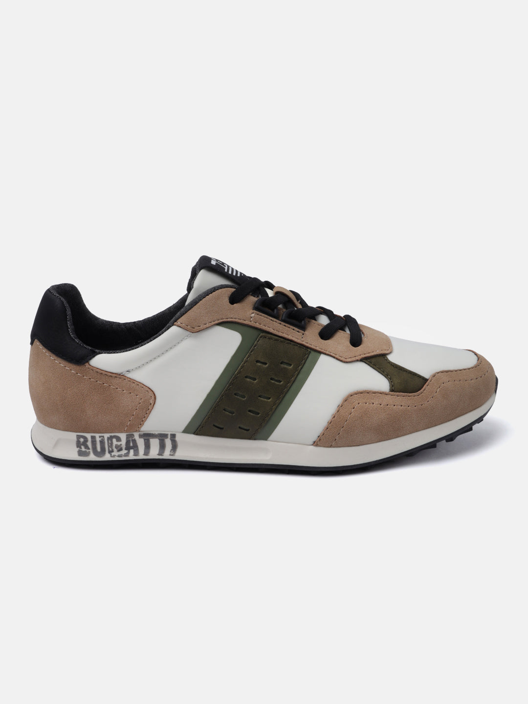 Beige comfort sneaker by Bugatti, with white panels, olive stripe, and lace-up closure.