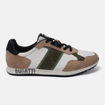 Beige comfort sneaker by Bugatti, with white panels, olive stripe, and lace-up closure.