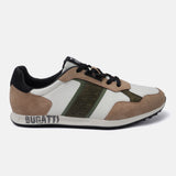 Beige comfort sneaker by Bugatti, with white panels, olive stripe, and lace-up closure.