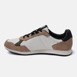 Beige casual sneaker by bugatti, with brown suede accents, and black laces.