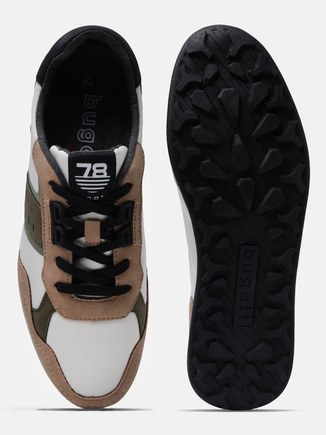 Beige comfort mid-top sneakers by bugatti, with white and olive accents, and a textured black sole.
