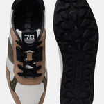 Beige comfort mid-top sneakers by bugatti, with white and olive accents, and a textured black sole.