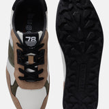 Beige comfort mid-top sneakers by bugatti, with white and olive accents, and a textured black sole.