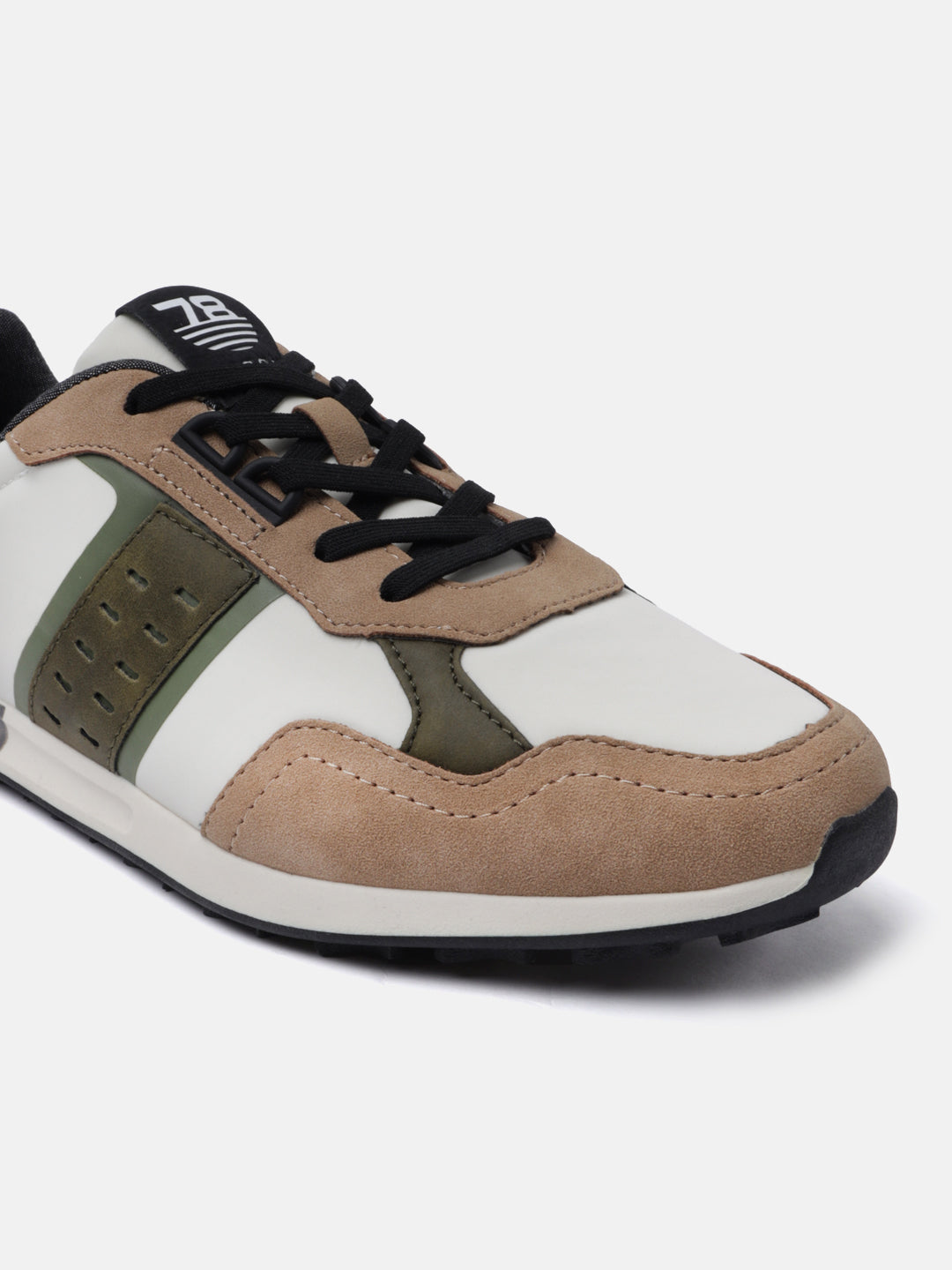 Beige and olive sneakers by bugatti with black laces, and a white stripe.
