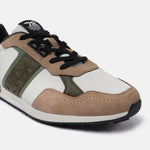 Beige and olive sneakers by bugatti with black laces, and a white stripe.