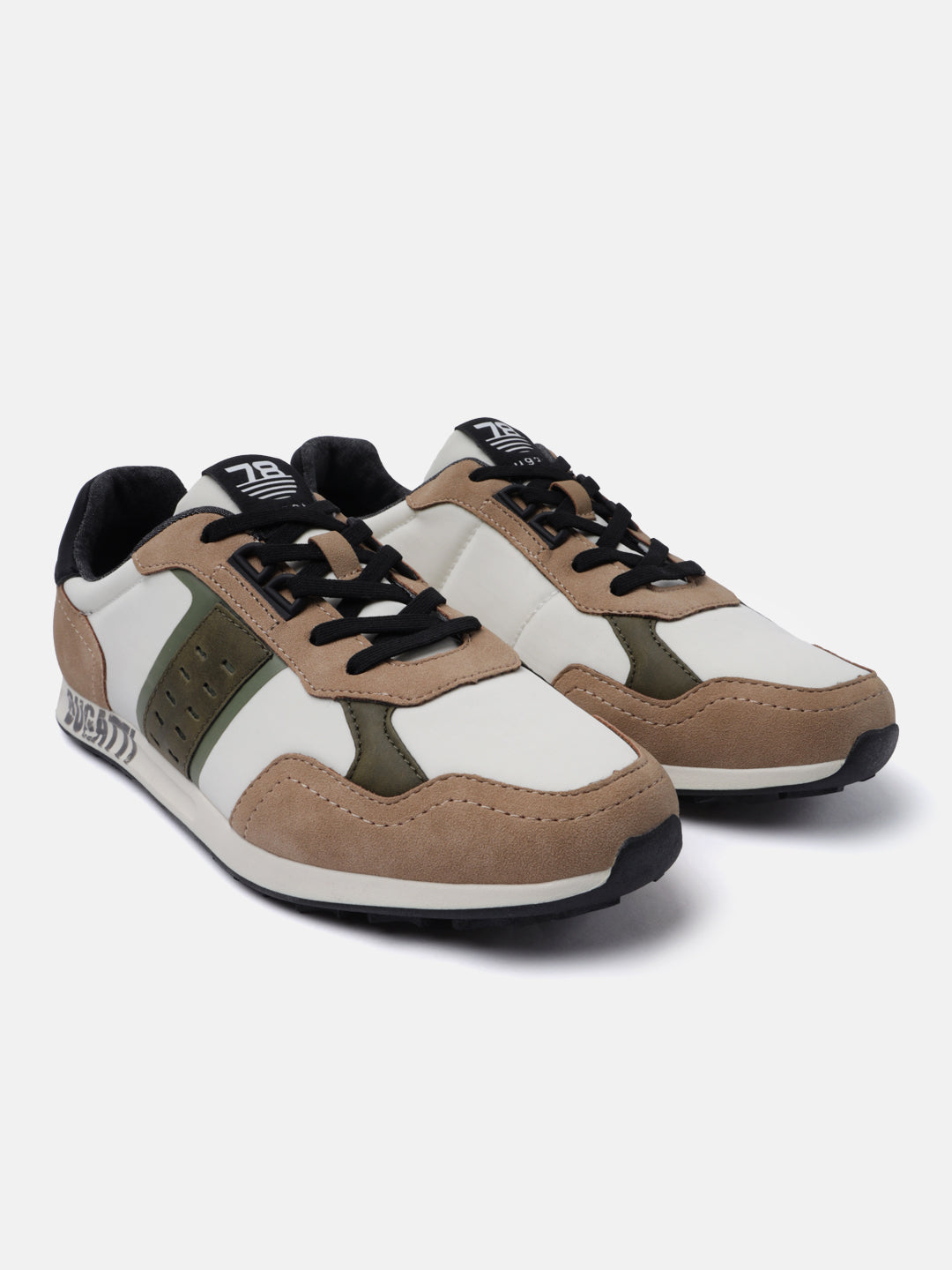 Beige comfort mid top sneakers by bugatti with white, brown, and olive green accents.
