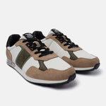 Beige comfort mid top sneakers by bugatti with white, brown, and olive green accents.