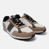 Beige comfort mid top sneakers by bugatti with white, brown, and olive green accents.
