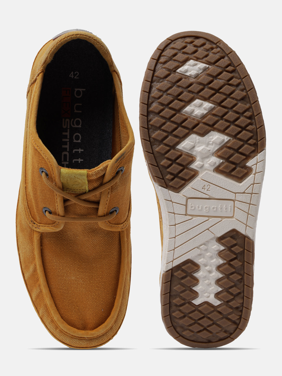 A yellow Men's bugatti Sneakers featuring a round plain toe, zero heels heel. Made from textile with a durable tpr outsole, this laces design offers both style and comfort.
