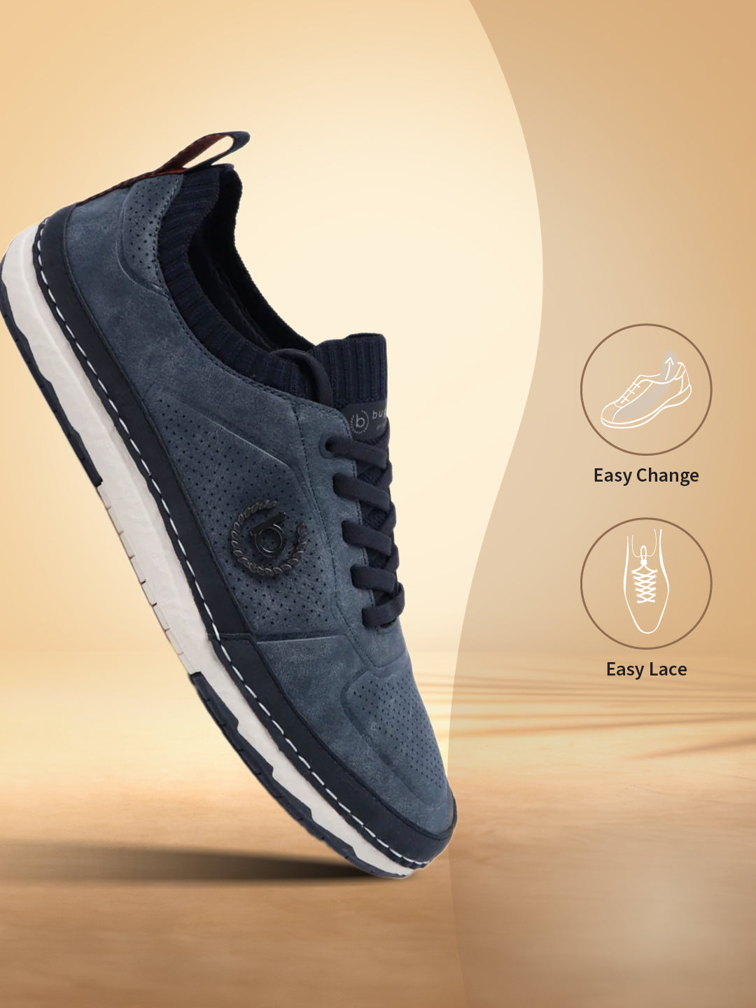 A blue Men's bugatti Sneakers featuring a round plain toe, zero heels heel. Made from synthetic with a durable tpr outsole, this laces design offers both style and comfort.