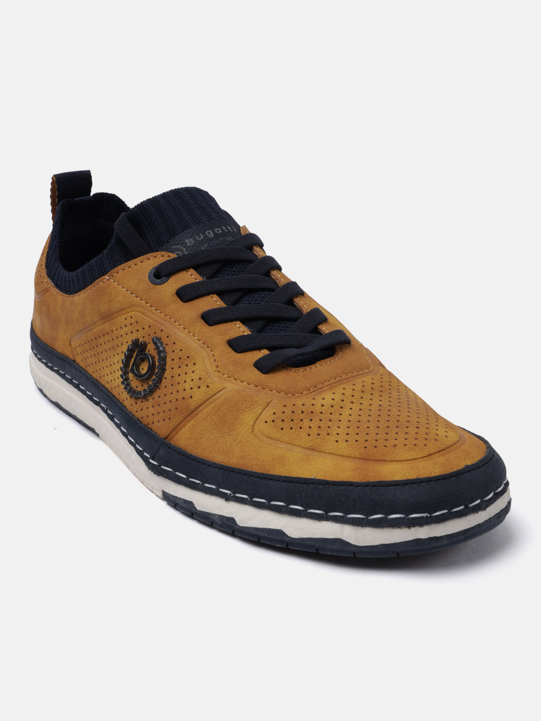 Yellow comfort low top sneakers by bugatti, featuring a dark blue knitted ankle collar and dark blue laces.