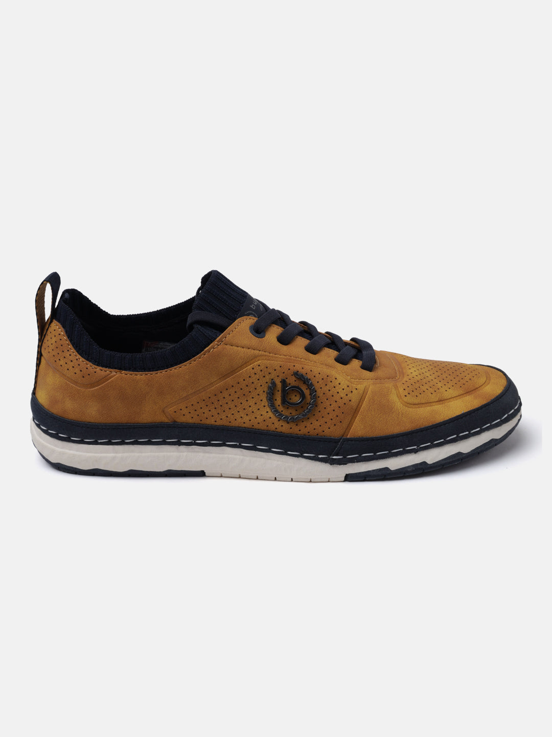 Yellow comfort low top sneakers by bugatti with perforated details, dark blue accents, and white midsoles.