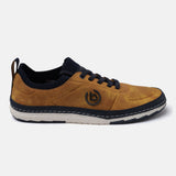 Yellow comfort low top sneakers by bugatti with perforated details, dark blue accents, and white midsoles.