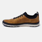 Yellow comfort low top sneakers by bugatti, with perforated upper and dark blue sock-style collar.