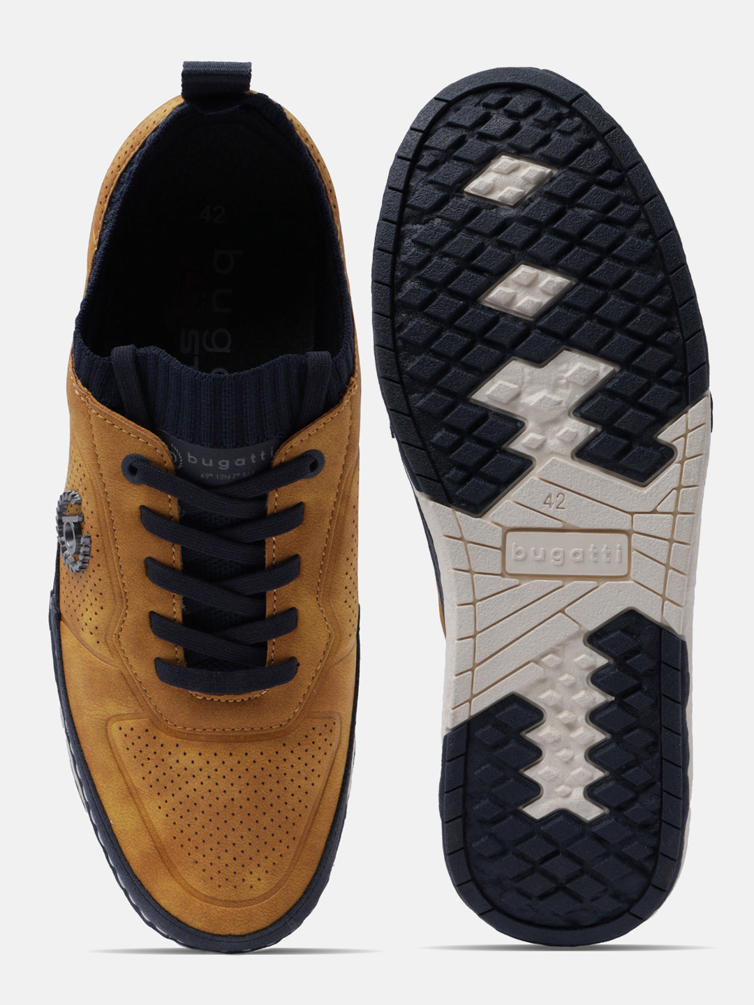 Yellow comfort sneakers by bugatti, shown with navy blue shoelaces and a patterned sole.