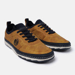 Yellow comfort low top sneakers by bugatti featuring navy sock liner, matching laces, and decorative stitch accents.
