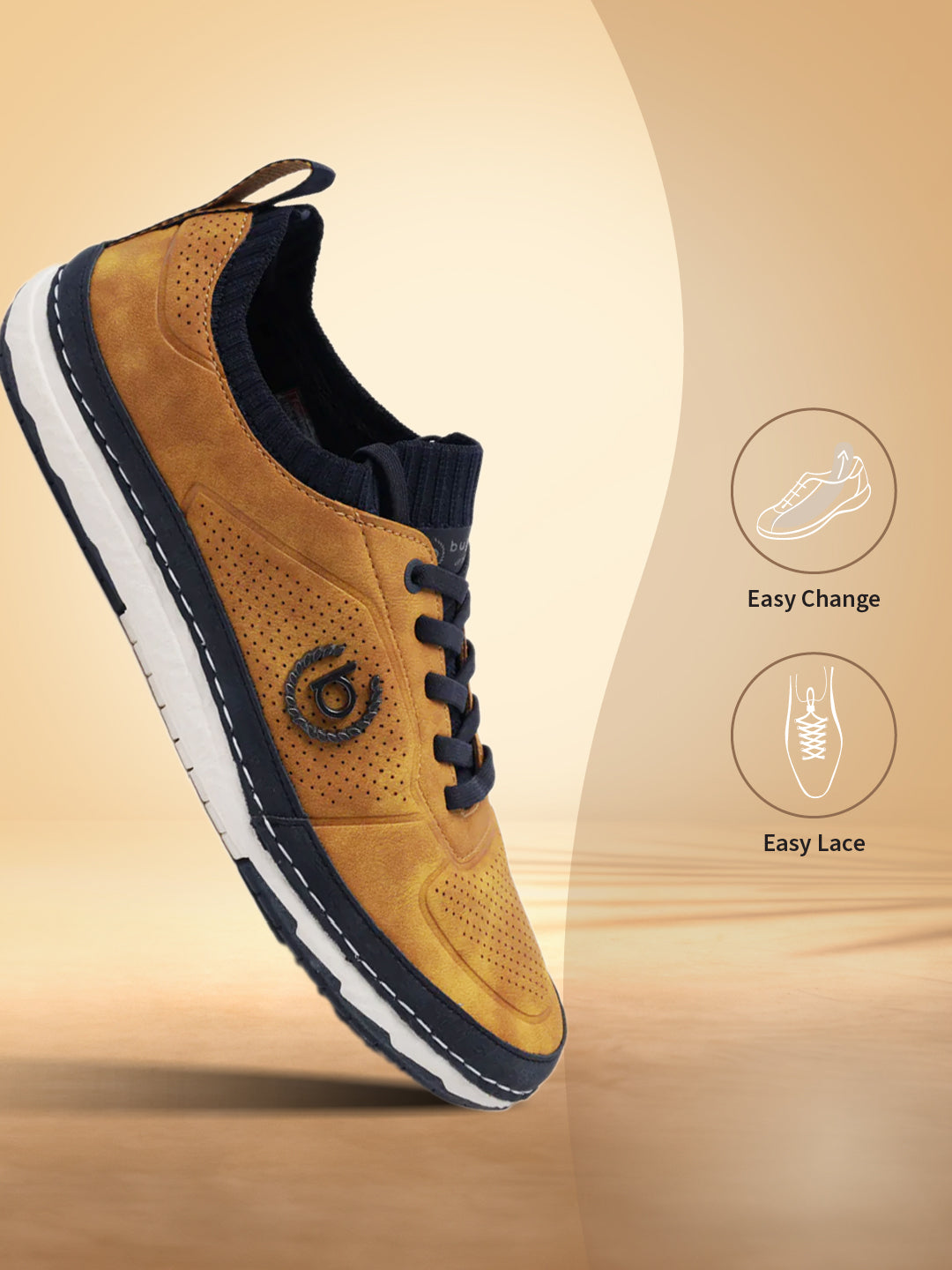 Yellow comfort low-top sneakers by bugatti with blue accents, dark laces, and perforated detailing.