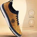 Yellow comfort low-top sneakers by bugatti with blue accents, dark laces, and perforated detailing.