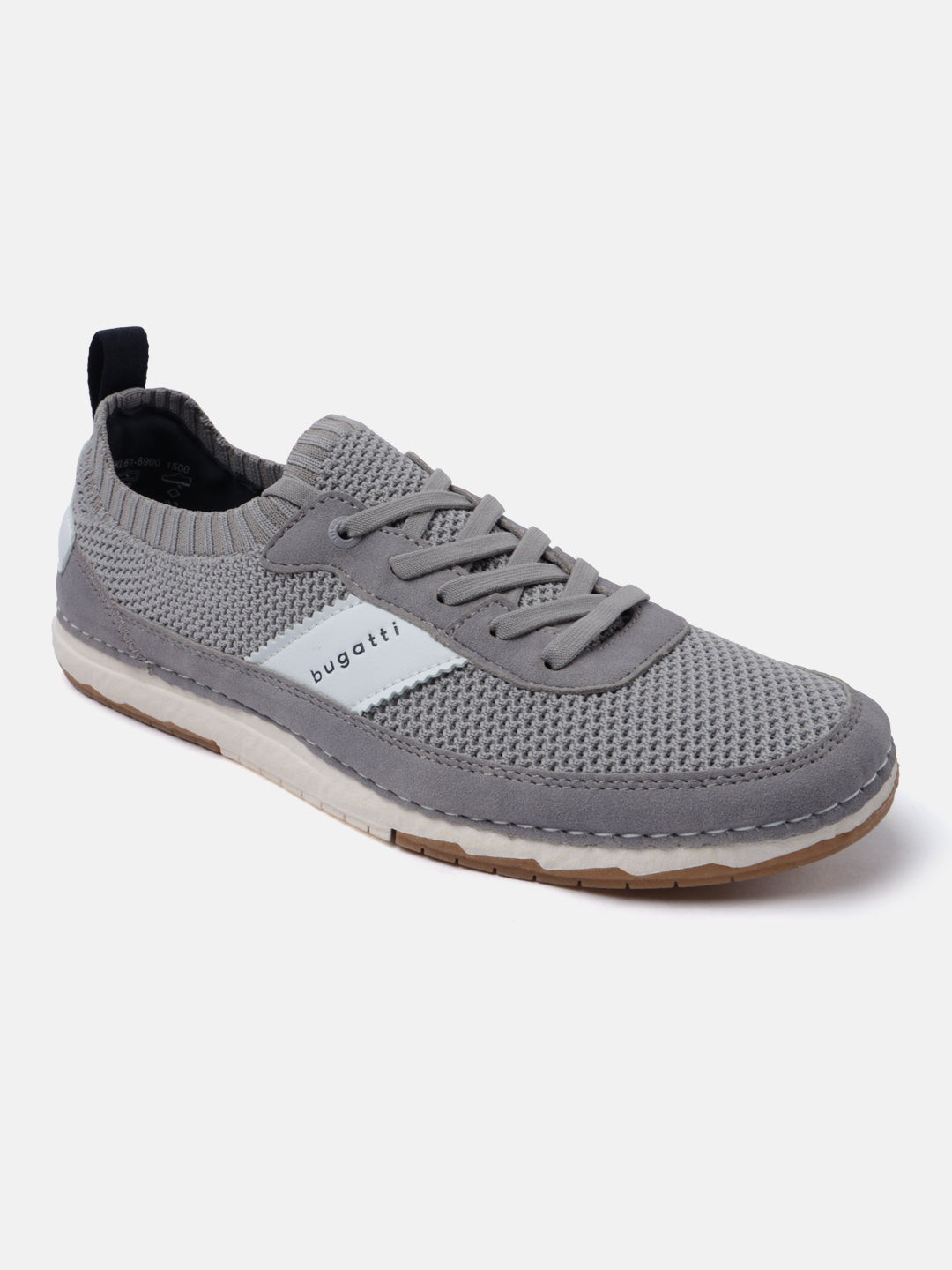Grey low-top comfort sneaker by Bugatti, featuring a knit-textured upper, tonal laces, and a pull tab at the heel.