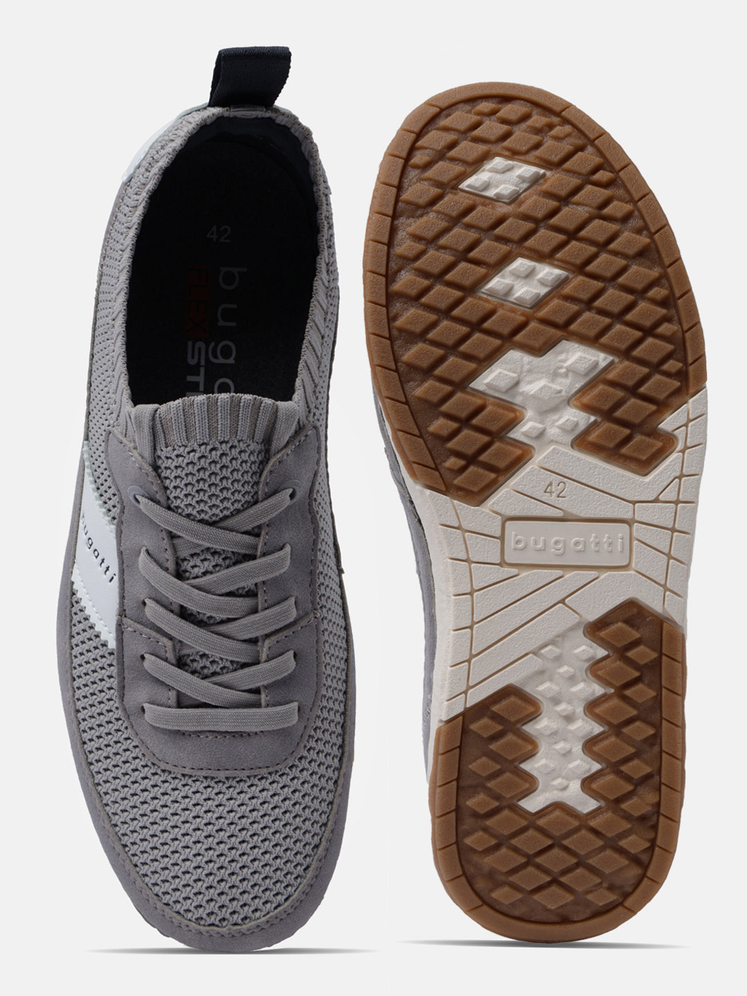Grey low top sneakers by bugatti with laces, showing upper and sole patterns.