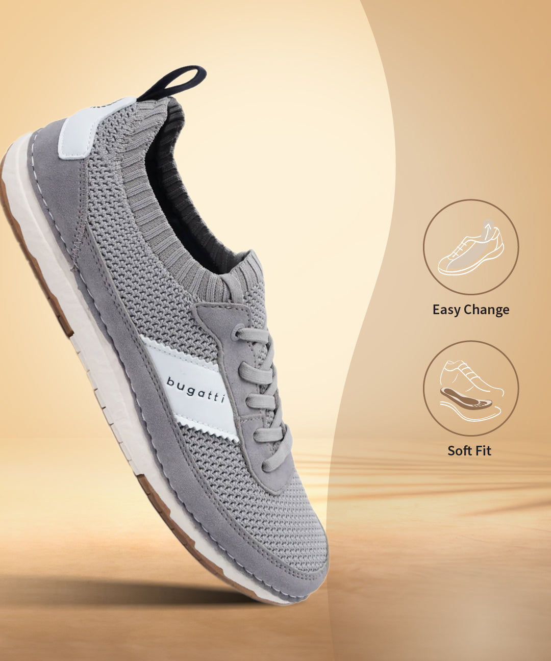 Grey low top sneakers by bugatti, featuring a knit upper with suede accents and white logo detailing.