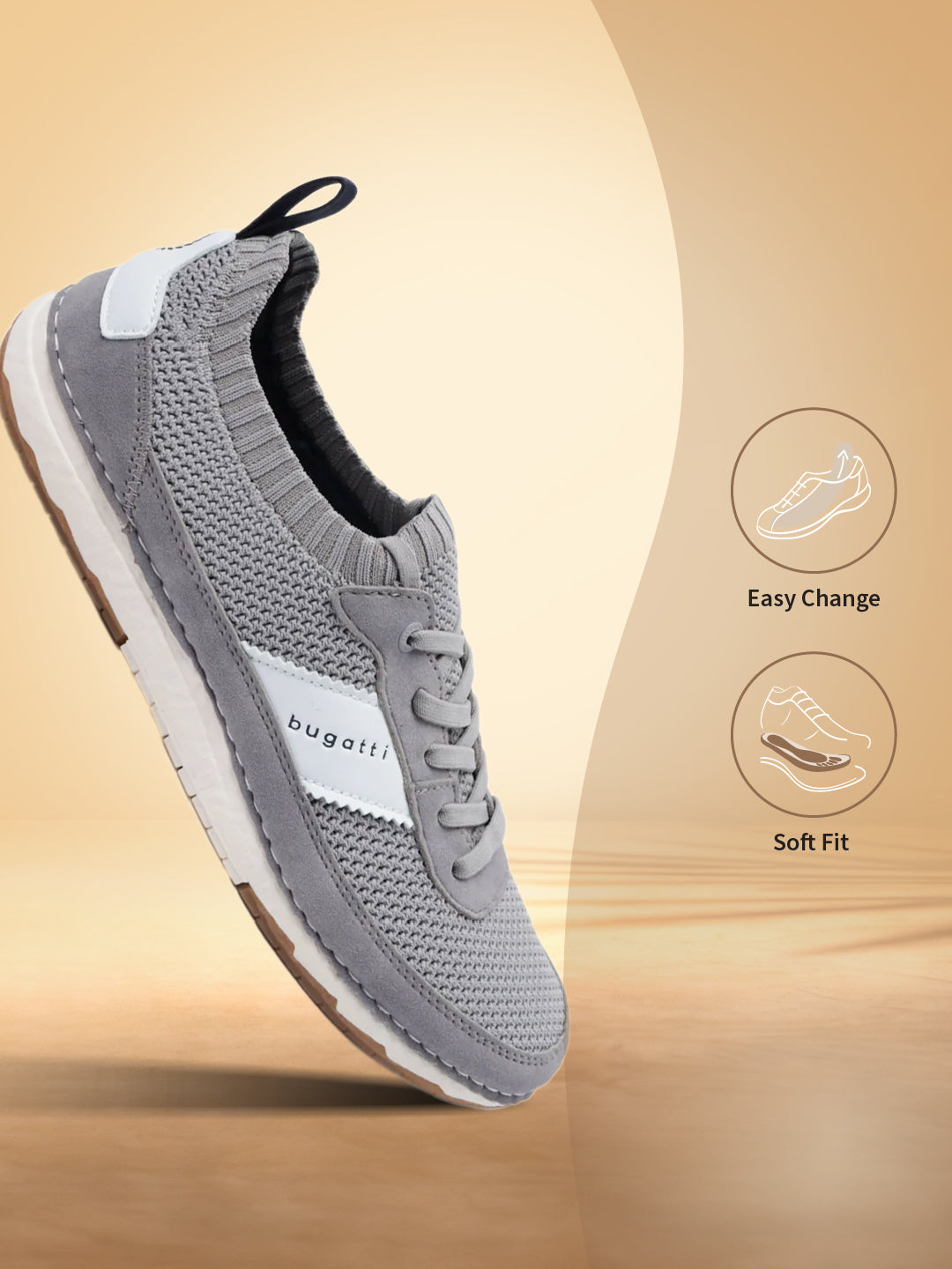 Grey low top sneakers by bugatti, featuring a knit upper with suede accents and white logo detailing.