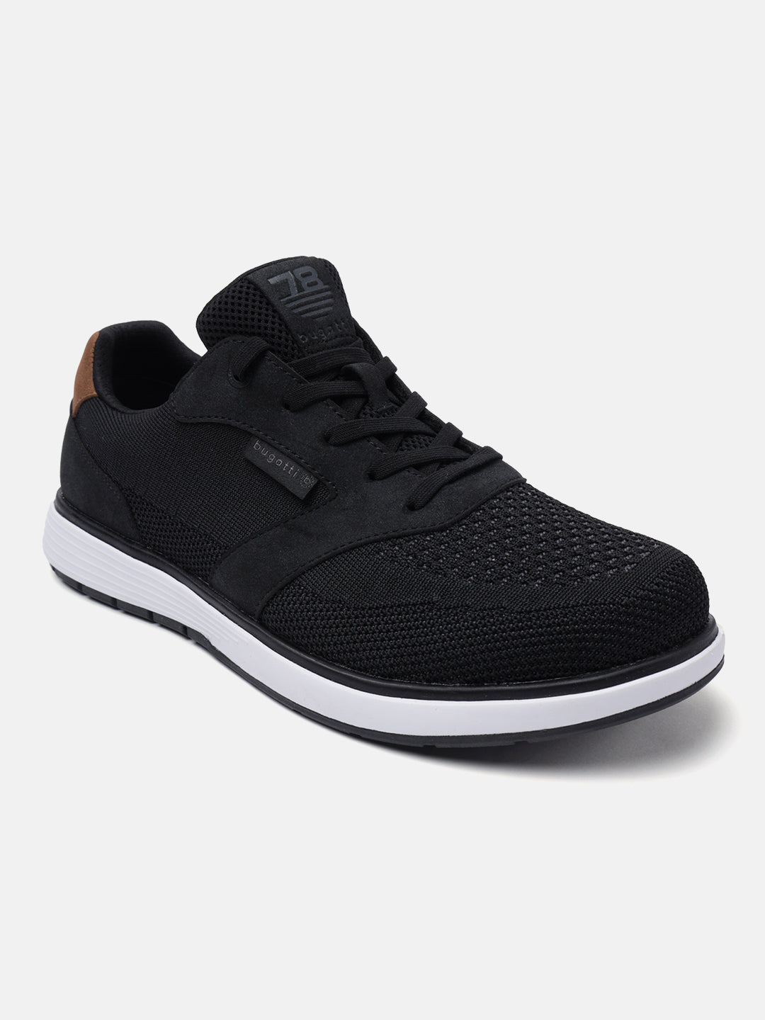 Black mid top sneakers by bugatti with mesh texture and brown accent on the heel.