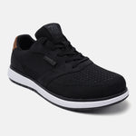 Black mid top sneakers by bugatti with mesh texture and brown accent on the heel.