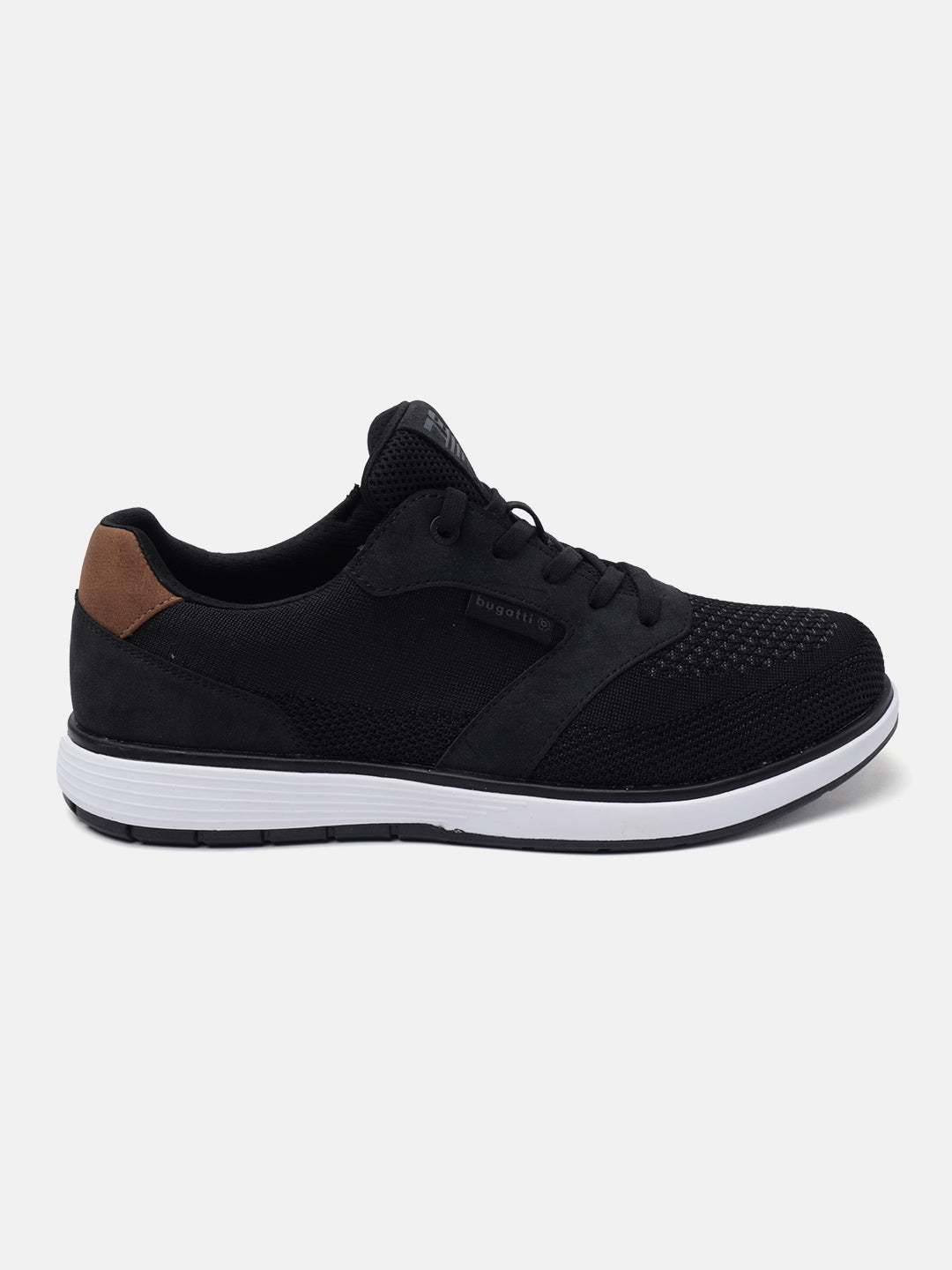 Black sneaker by bugatti with brown heel accent and white midsole, shown in side view.