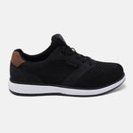 Black sneaker by bugatti with brown heel accent and white midsole, shown in side view.